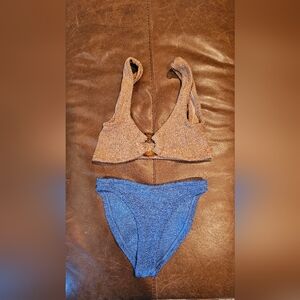 Hunza G Textured Two-Piece Bikini Set - Taupe Top & Blue Bottom